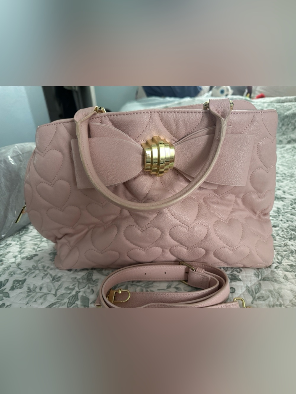 Betsey Johnson Pink Quilted Heart Satchel with Gold Bow Accent